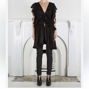 New IXIAH Sydney Pronotion Black Satin Ruffle Eyelet V Neck Mini Dress Size 6